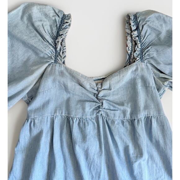 H&M 100% Cotton Puff Sleeve Baby Doll Dress Chambray Light Wash Denim Zip Size S - Picture 3 of 6